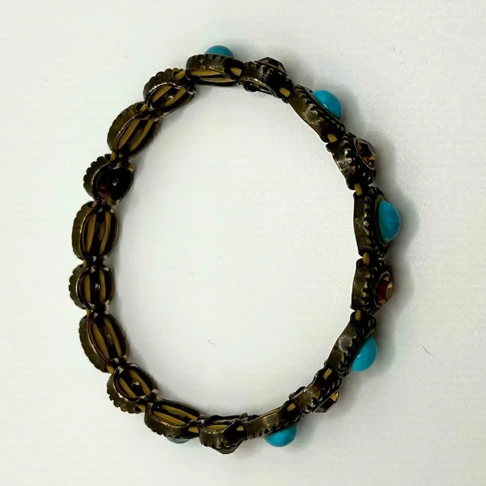 Silver tone, faux turquoise and rhinestone beaded bracelet